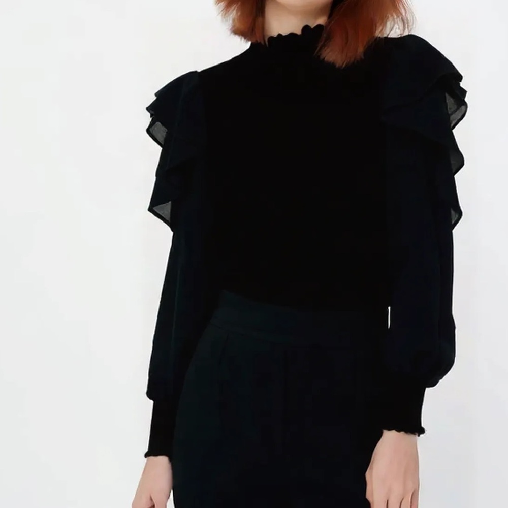 Black Ruffled Women's Top - Picture 2 of 3